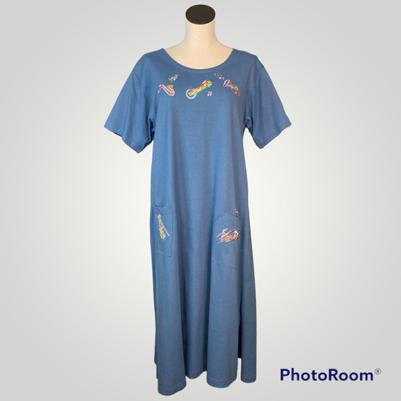 VINTAGE Tia Designs Mardi Gras Musical Instruments Colonial Blue Shift Dress L - Picture 1 of 16
